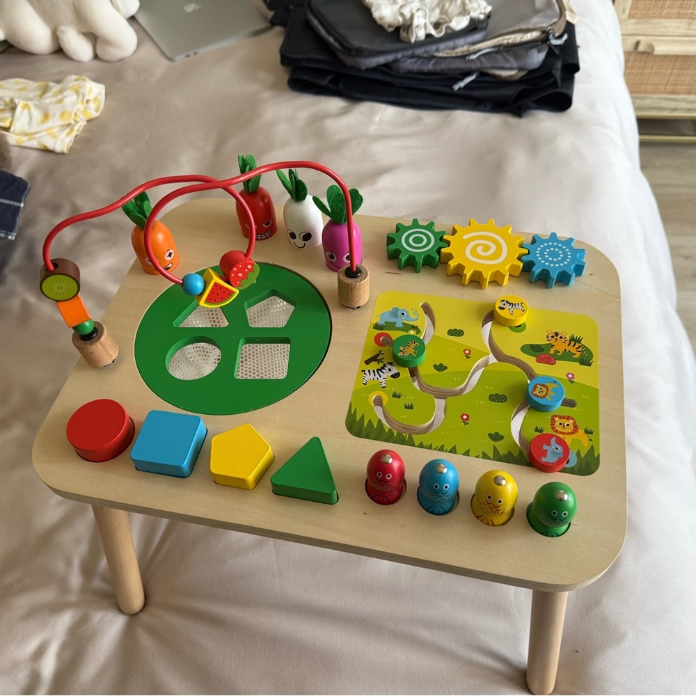 Interactive Wooden Play Table with Colorful Shapes